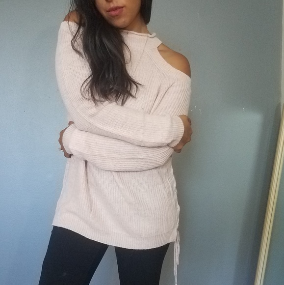 LIGHT PINK COLD MOCK SHOULDER SWEATER - Picture 4 of 8